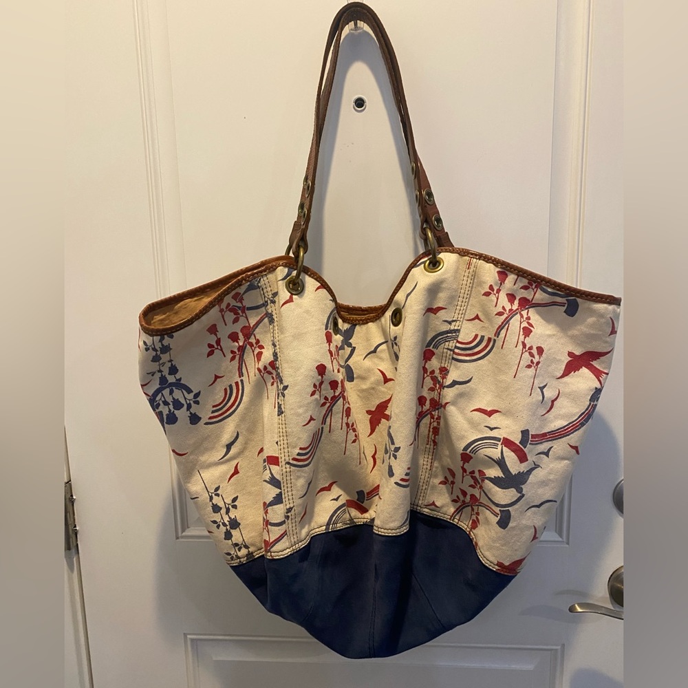 Lucky Brand Leather Suede Cotton Open Tote Patriotic Bag Carryall Birds Red Blue